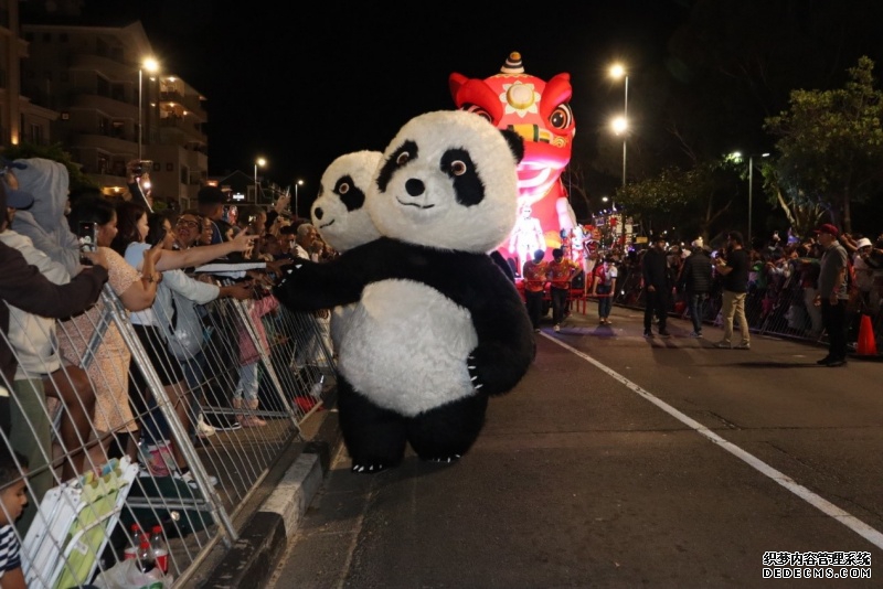 大熊猫玩偶与沿街民众热情互动。南非开普敦华星艺术团供图