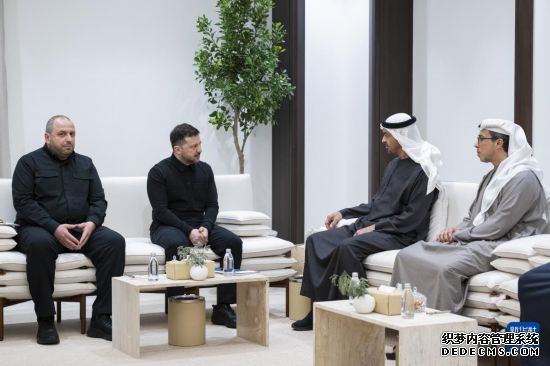 3月28日，阿联酋总统穆罕默德（右二）在阿布扎比会见到访的乌克兰总统泽连斯基（左二）。新华社/阿通社